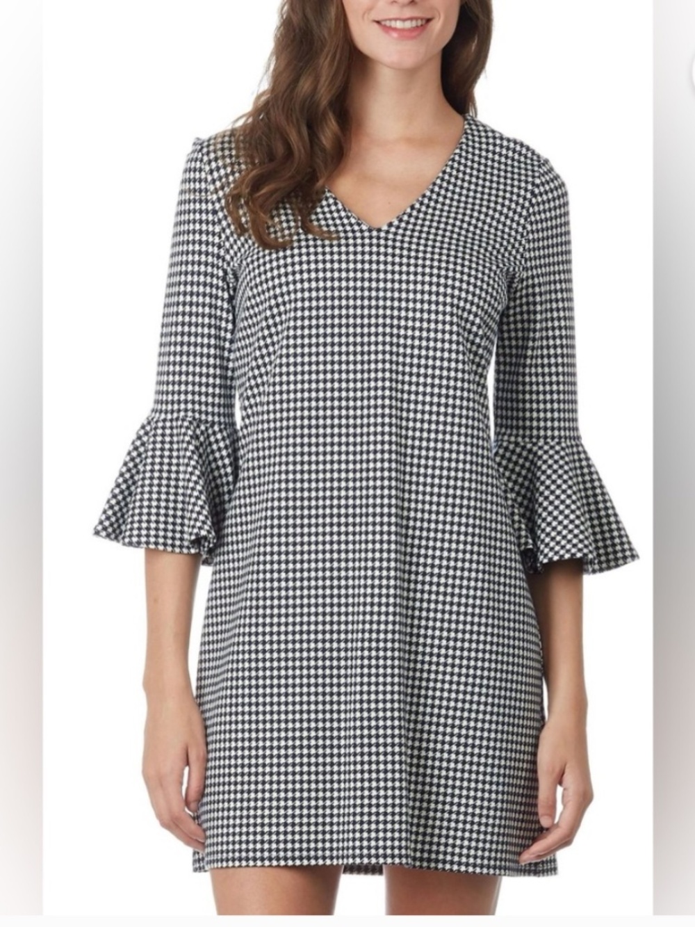 Jude Connally Lyla Ponte Knit Houndstooth Shift Dress M Bell Sleeve Classic USA